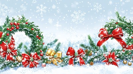 Christmas-themed border with wreaths, snowflakes, and ribbons on a snowy white background. .