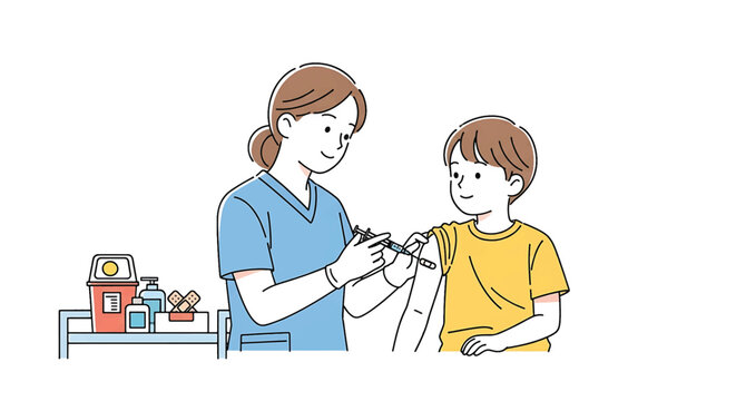 Illustration of a healthcare professional administering a vaccine to a child, promoting public health and disease prevention through immunization