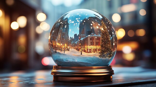 Chrome snow globe with digital town inside .
