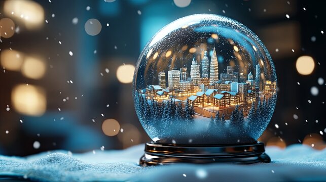 Chrome snow globe with digital town inside .