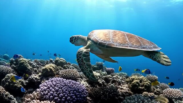 Close up shot revealing the intricate patterns and rugged textures of a sea turtle's shell, highlighting its unique natural armor and resilience. Macro or close up, focusing on the shell's details,?