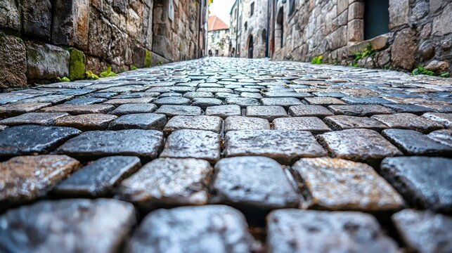 Cobblestone street, low angle view. Stone buildings flank narrow path - Powered by Adobe