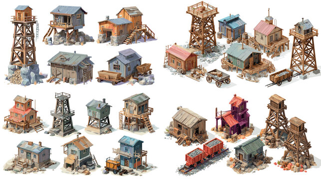 A collection of rustic mining town buildings with wooden towers, cabins, workshops and rail carts. Stylized game asset set depicting an old frontier mining settlement in detailed artwork.