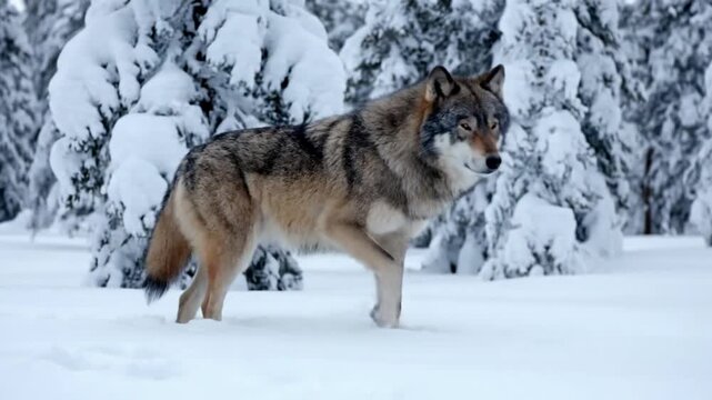 A majestic gray wolf (Canis lupus) navigating a snow covered coniferous forest, showcasing its resilience and primal instinct within a pristine wilderness.