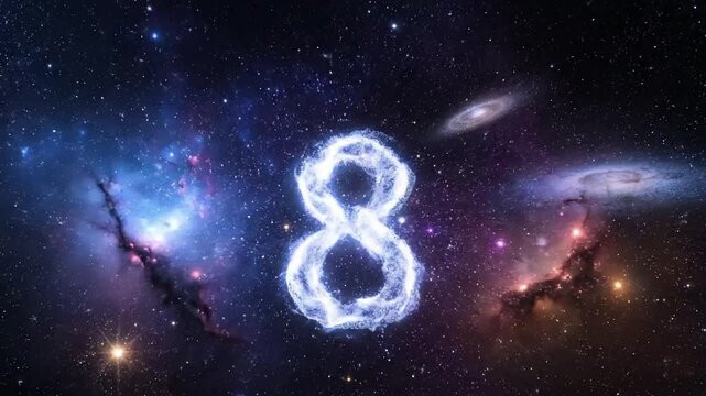 Abstract cosmic dust and nebulae swirling gracefully, forming transient numerical representations that fade into the next sequence. Close up on the formation and dissolution of numbers.