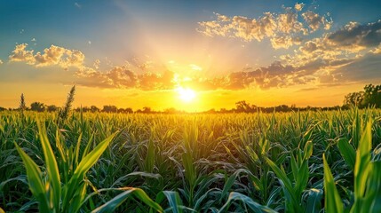 Cornfield at sunset, golden light beaming down through scattered clouds