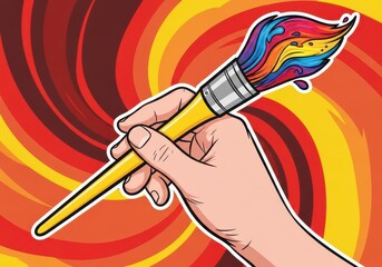 Hand holding a paintbrush with colorful paint dripping against a swirling background