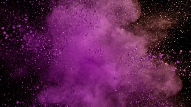 Capturing the initial, powerful, yet graceful expansion of vibrant purple and gold fine powder from a central origin point. Dynamic, high speed cinematography of the burst's inception.