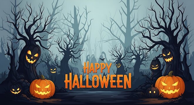 Spooky halloween scene with glowing jack o lanterns and bare trees in a misty forest