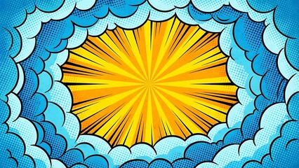 Comic book style explosion background with bright yellow sunburst center framed by blue pop art clouds, retro halftone effect