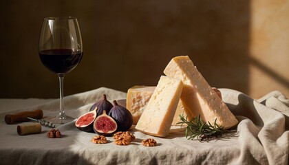 Artful Grana Padano Still Life with Figs, Rosemary, and Red Wine