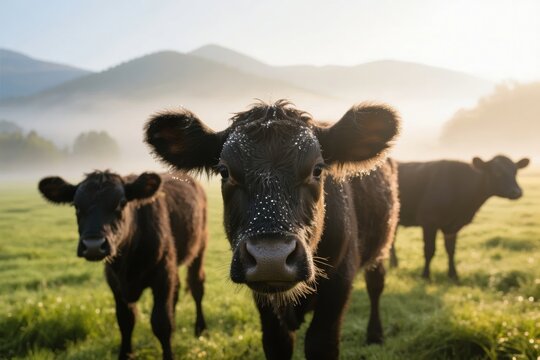 Three black cows grazing in a misty field at sunrise with mountains in the background - Powered by Adobe