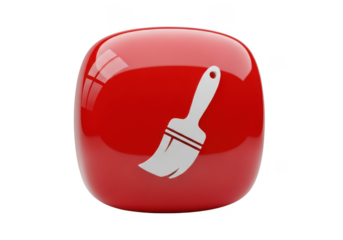 3d illustration of shiny red square icon with a white cleaning paintbrush symbol inside, isolated on transparent background