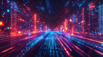 Fototapeta premium Digital city with neon lights, streaks, and abstract buildings