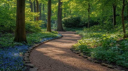 Curving gravel path through bright green spring forest, sun filtering through trees