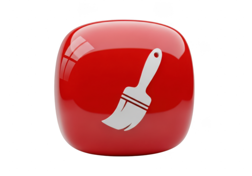 3d illustration of shiny red square icon with a white cleaning paintbrush symbol inside, isolated on transparent background - Powered by Adobe