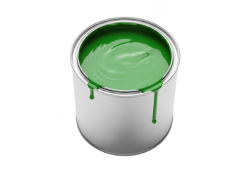 3d illustration of open can of bright green paint with drips running down the side, isolated on transparent background