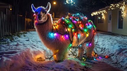 Obraz premium holiday llama tangled in lights in winter yard .
