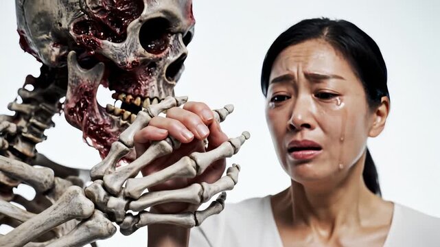 Crying Woman Holding Skeletal Hand With Terrified Expression