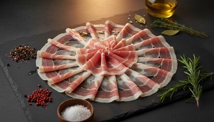Overhead view of thinly sliced pancetta with spices on slate.