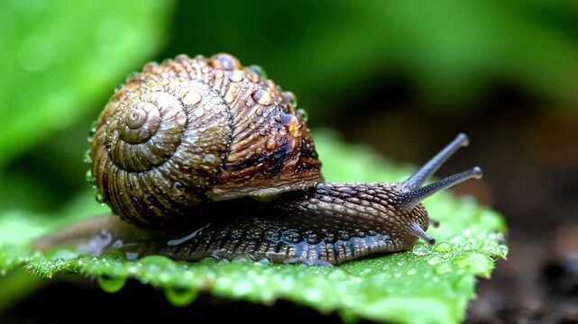 A captivating macro shot of a garden snail slowly traversing a dewy, vibrant green leaf, highlighting its intricate shell and glistening slime trail. Close up, detailed, serene