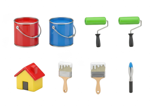 3D illustration of collection of painting tools icon set with painted can roller brush and small house isolated on transparent background. Painting supplies for home renovation and DIY projects