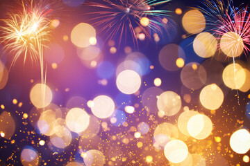 Festive Bokeh Lights and Sparkling Fireworks Against Blurred Violet Sky Symbolizing New Year Celebration Glamour and Joyful Holiday Atmosphere Copy Space Template