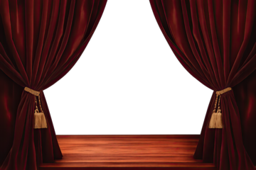 Dramatic Red Velvet Stage Curtains Opening to Reveal a Wooden Stage and Backdrop, Perfect for Theater Performances, Product Presentations, and Event Photography – High-Resolution Image