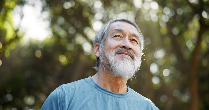 Smile, fitness and thinking with Asian man in nature for runner, confidence and health. Retirement, exercise pride and wellness with senior person for mobility training, low angle and reflection