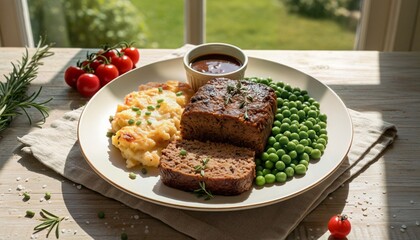 Homemade Meatloaf with Cheesy Potatoes and Peas in Natural Sunlight