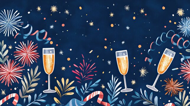 New Year Eve border featuring colorful fireworks, streamers, and champagne glasses on a midnight blue background. .