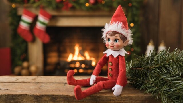 Cute christmas elf doll sitting by cozy fire, traditional christmas elf doll festive indoor d&eacute;cor, playful christmas elf doll holiday mantel scene