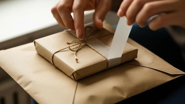 Hands preparing a gift package with paper wrapping and twine tie close up