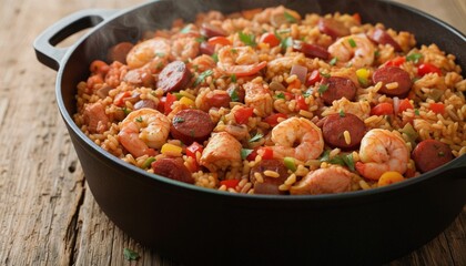 A Vibrant Close-Up of Steaming Jambalaya with Rice and Vegetables