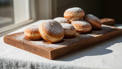 Golden Beignets Dusted with Powdered Sugar on Rustic Wooden Board