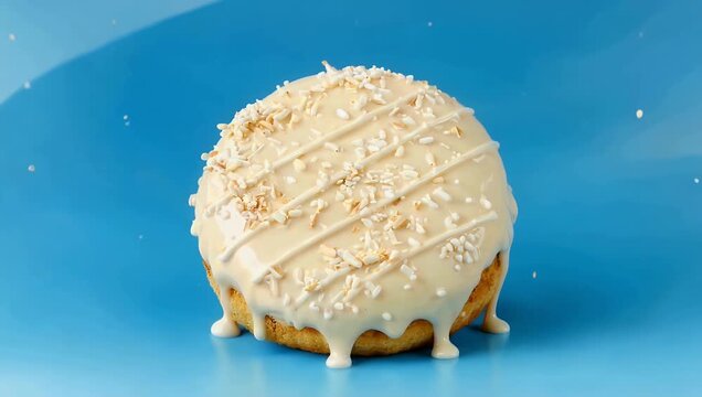 Simple yet elegant 4K Ultra HD motion design cinemagraph featuring a diagonal pattern of perfectly white chocolate glazed donuts with sprinkles set against an abstract blue background creating a