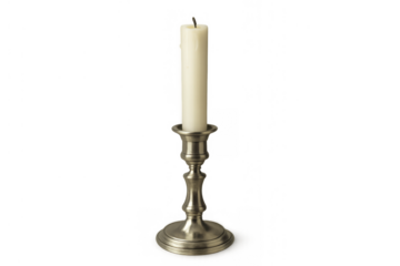 Unlit traditional taper candle with a black wick and white wax in a vintage silver candlestick