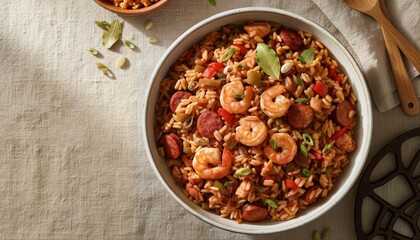 Overhead shot of a vibrant jambalaya bowl with colorful ingredients and rustic style.