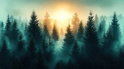 Fototapeta premium Foggy coniferous forest at sunset, light glowing behind dark, silhouetted trees