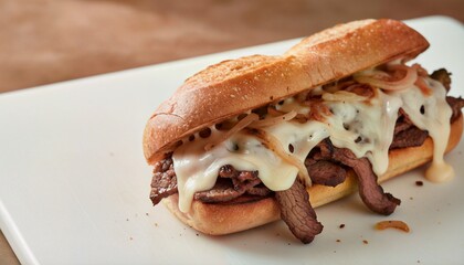 Close-up studio shot of a classic Philadelphia cheesesteak with melted provolone.