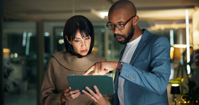 Tablet, planning and business people in office for report, collaboration and feedback. Technology, drafting proposal and research with team for proofreading, review and editing publication at night - Powered by Adobe