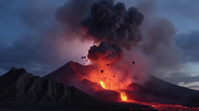 Dynamic visual effects capturing the violent expulsion of magma and pyroclastic material, highlighting the intense heat and destructive force of a natural geological event.