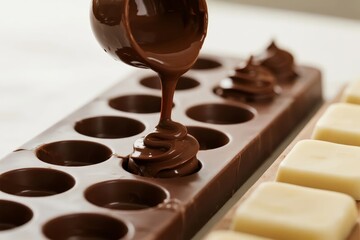 Melted chocolate being poured into a mold for candy making