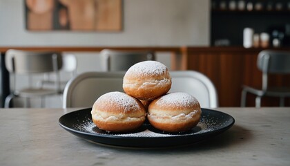 Artful gourmet product shot of beignets dusted with confectioner's sugar.