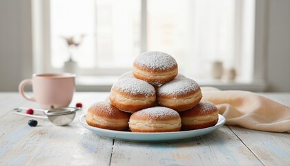 Fresh Homemade Beignets Stacked High with Sugar Detail for Breakfast