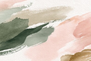 Fototapeta premium Watercolor abstract with soft hues of green, pink, beige, and brown strokes on a textured white background