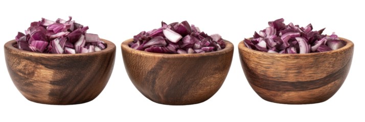 Red onions, diced, in three wooden bowls
