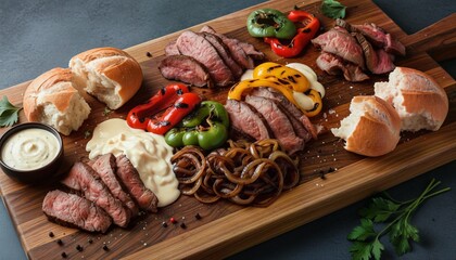 Deconstructed Philly Cheesesteak with Fresh Ingredients on Rustic Board