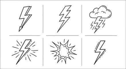 Six hand-drawn lightning bolt illustrations, including one with a cloud and rain, arranged in a two-row grid.