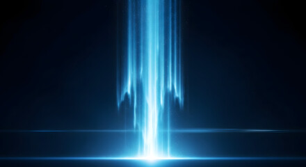 Abstract blue light beam emanating from a dark background with lens flares